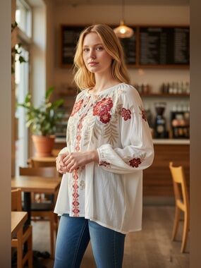 NWT Johnny Was White Boho Embroidered Blouse with Floral Accents size L